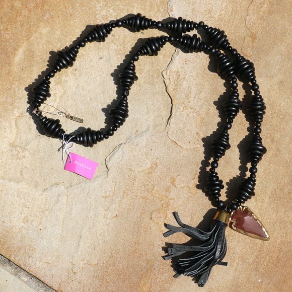 Handmade Ethnic Necklace Long Boho Leather & Wood Beaded Tassel Arrow Tribal NWT - Picture 6 of 7